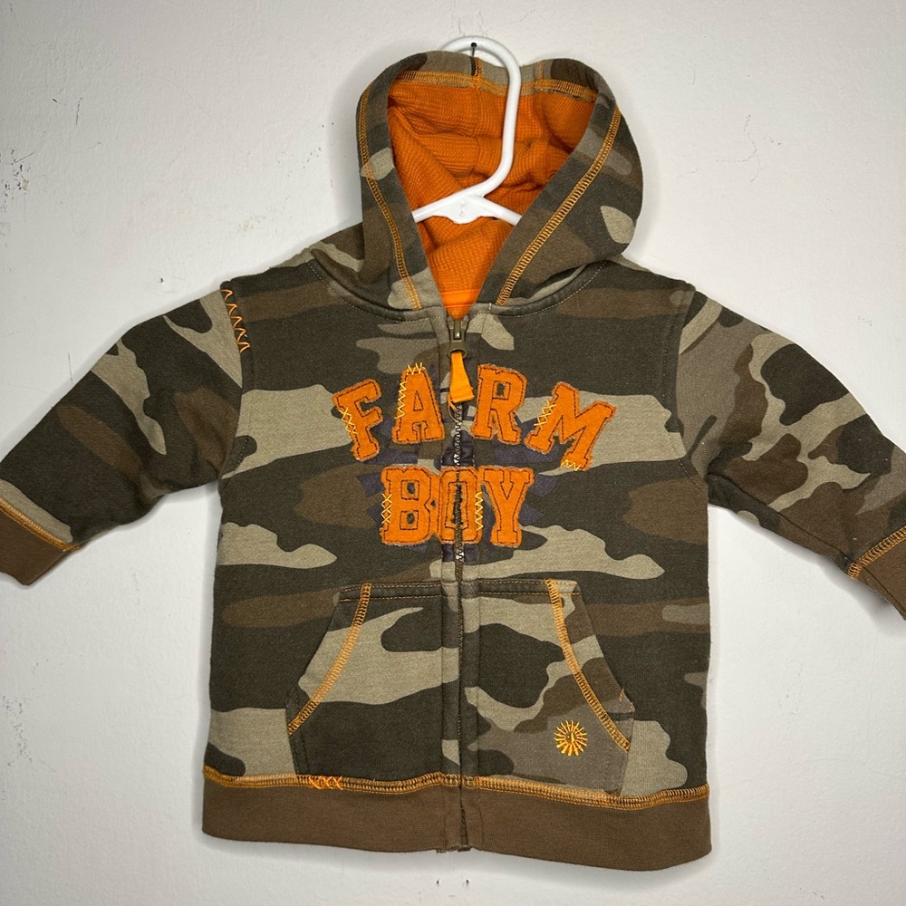 Green and Orange Camouflage Zip Up “Farm Boy” Hoodie - Size 12 M